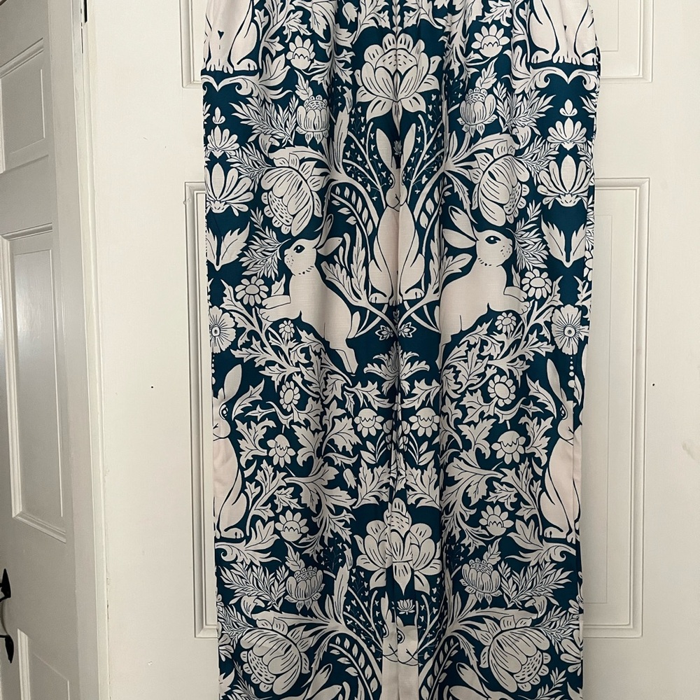Deep Teal and Cream Straight Leg Pants with Elegant Rabbit Design